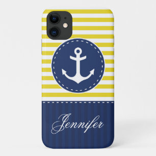 Navy Blue Yellow Pattern Anchor iPhone 11 Hoesje