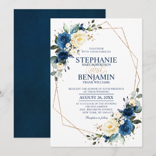 Navy Blue Yellow Rose Boho Geometric Wedding Invit Kaart (Voorkant / Achterkant)
