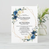 Navy Blue Yellow Rose Boho Geometric Wedding Kaart (Staand voorkant)