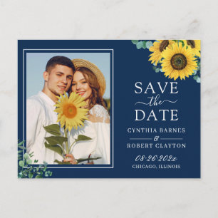 Navy Blue Yellow Sunflower Foto Save the Date Briefkaart