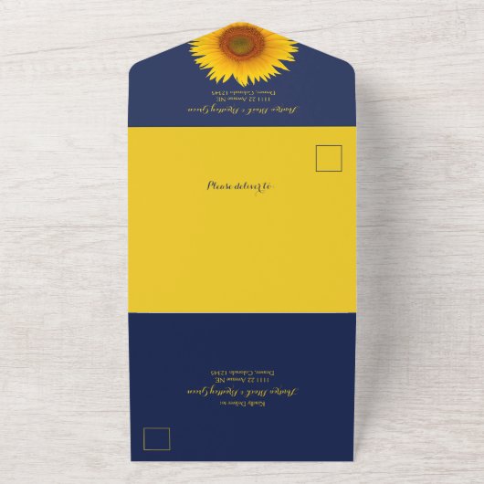 Navy Blue Yellow Sunflower Wedding RSVP All In One Uitnodiging (Buitenkant)