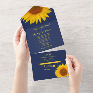 Navy Blue Yellow Sunflower Wedding RSVP All In One Uitnodiging