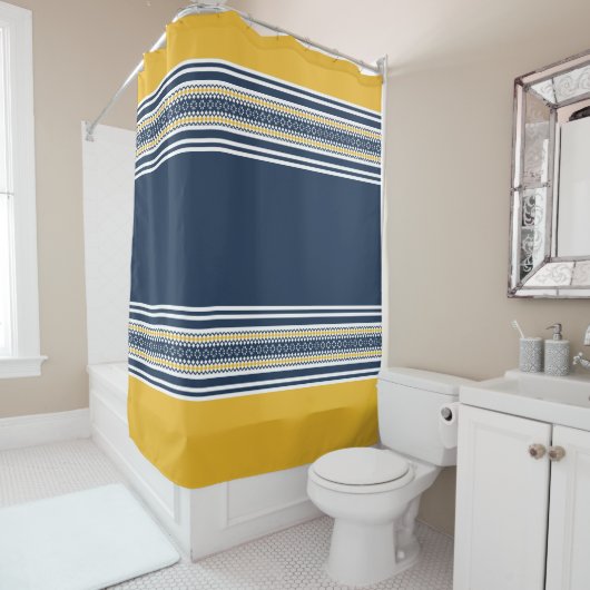 Navy Blue Yellow White Pattered Stripes Douchegordijn (In situ)