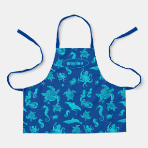 Navy Blue Zeedierenpatroon Kinderen Schort