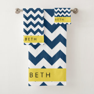 Navy Blue Zigzag, Navy Blue Chevron, Jouw naam Bad Handdoek