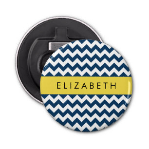 Navy Blue Zigzag, Navy Blue Chevron, Jouw naam Button Flesopener