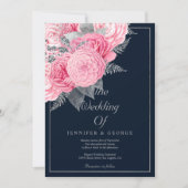 Navy blue zilver glitter roze bruinktbruiloft kaart (Voorkant)