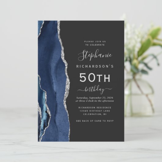 Navy Blue Zilveren Agaat QR Code 50ste Verjaardag Kaart (Staand voorkant)