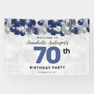 Navy Blue Zilveren Ballon 70e Verjaardag Welkom Spandoek
