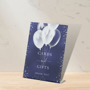 Navy blue zilveren ballonnen kaartjes cadeaus reclamebord met voetstuk