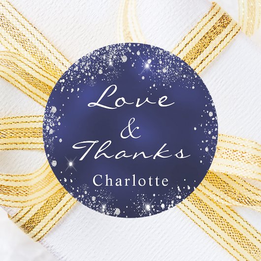 Navy blue zilverglitter-monogram dank u ronde sticker