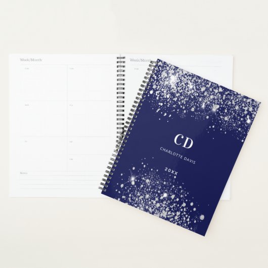 Navy blue zilverglitter monogram naam 2023 planner (Display)