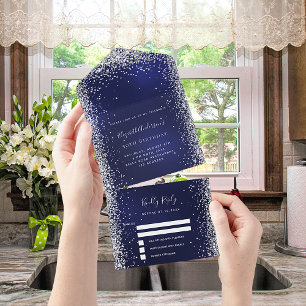 Navy blue zilverglitter verjaardag rsvp all in one uitnodiging