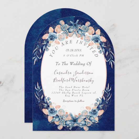 Navy Blush Beach Waterverf Shell Flower Wedding Kaart (Voorkant / Achterkant)