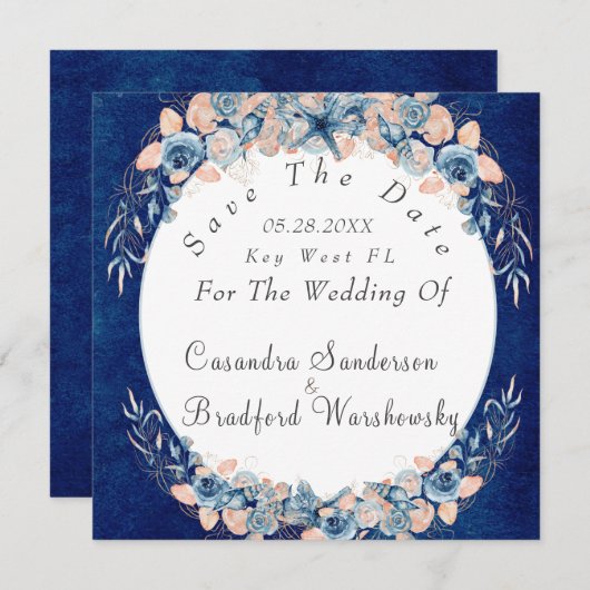 Navy Blush Beach Waterverf Shell Flower Wedding Save The Date (Voorkant / Achterkant)