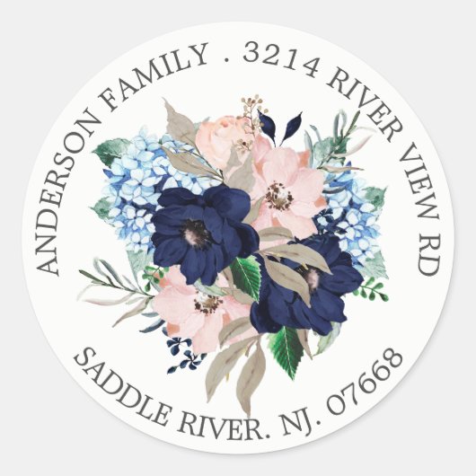 Navy & Blush Bloemen Adreslabel Sticker (Voorkant)