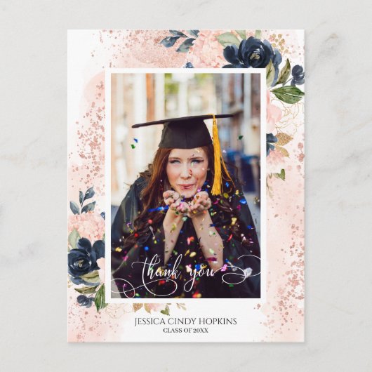 Navy Blush Bloemen Afstuderen Foto Dank u Briefkaart (Voorkant)