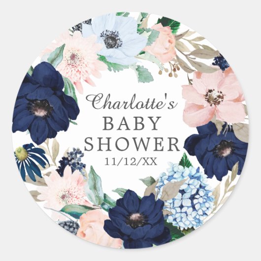 Navy & Blush Bloemen Baby shower Favor Sticker (Voorkant)
