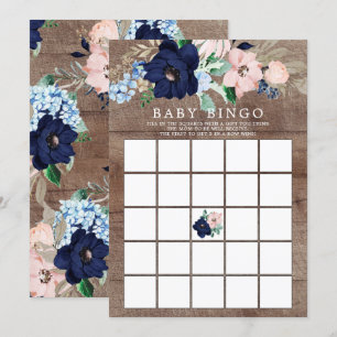 Navy & Blush Bloemen BINGO Baby shower spel Kaart