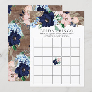Navy & Blush Bloemen BINGO Vrijgezellenfeest Game Kaart