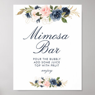 navy & blush bloemen bruidsfeest mimosa bar bord poster