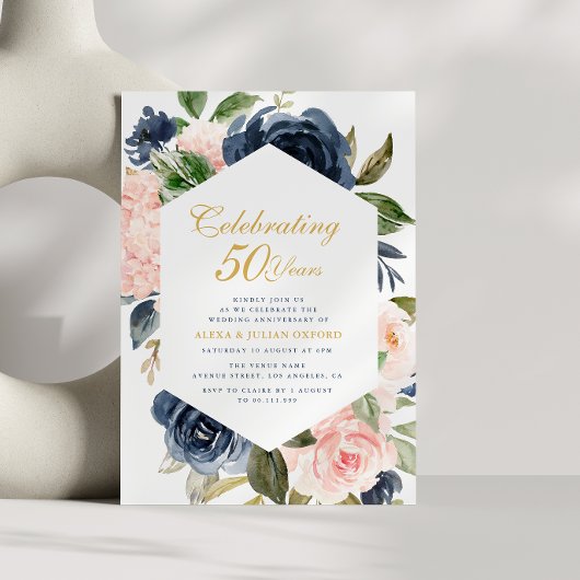 Navy & Blush Bloemen bruiloft Jubileum Uitnodiging