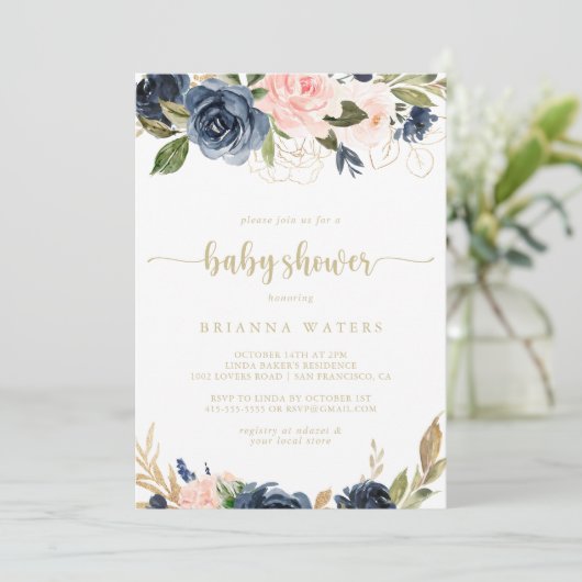 Navy Blush Bloemen Goud Baby shower Kaart (Staand voorkant)
