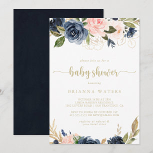 Navy Blush Bloemen Goud Baby shower Kaart