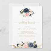 Navy Blush Bloemen Goud Bruiloft Brunch Kaart (Voorkant)