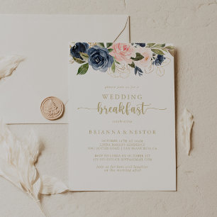 Navy Blush Bloemen Goud Bruiloft Ontbijt Kaart