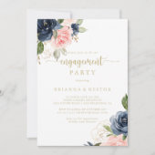 Navy Blush Bloemen Goud Verlovingsfeest Kaart (Voorkant)