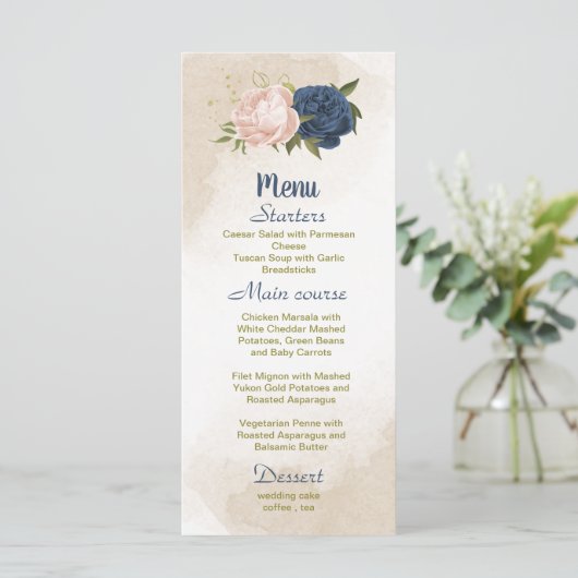 Navy Blush Bloemen Groene bladeren Bruiloft Menu (Staand voorkant)
