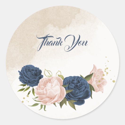 Navy Blush Bloemen Groene bladeren Bruiloft Ronde Sticker (Voorkant)
