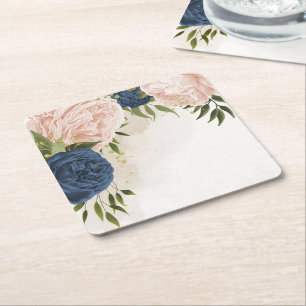 Navy Blush Bloemen Groene bladeren Bruiloft Vierkante Kartonnen Onderzetter