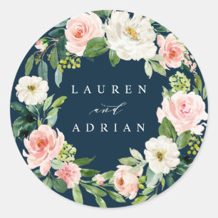 Navy Blush Bloemen Krans Bruiloft Ronde Sticker