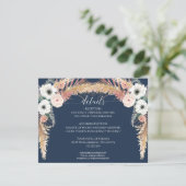Navy Blush Bloemen Pampas Grass Wedding Details Kaart (Staand voorkant)