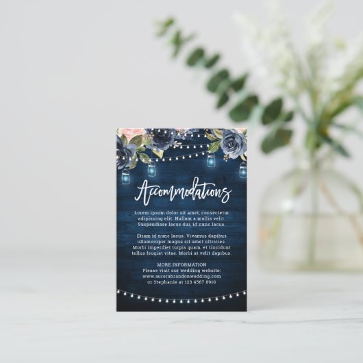 Navy Blush Bloemen Rustieke String Licht Accommoda Informatiekaartje (Staand voorkant)