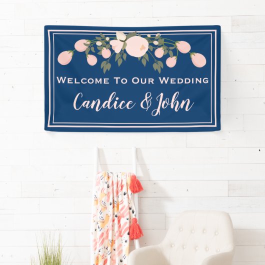 Navy Blush Bloemen Trouwbanner Spandoek (Insitu)