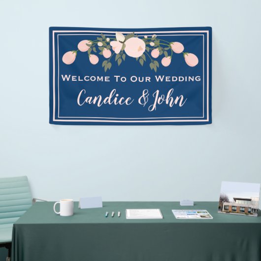 Navy Blush Bloemen Trouwbanner Spandoek (Beurs)