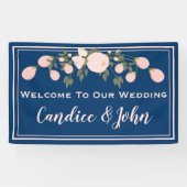 Navy Blush Bloemen Trouwbanner Spandoek (Horizontaal)