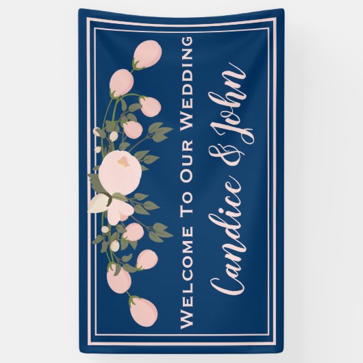 Navy Blush Bloemen Trouwbanner Spandoek (Verticaal)