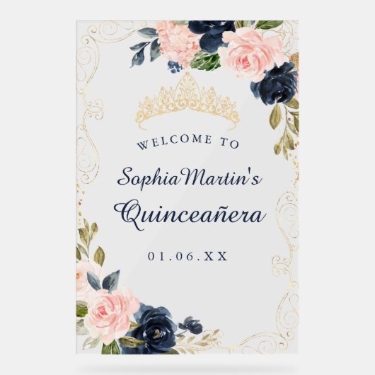 Navy Blush Bloemen Wervel Quinceanera Acryl Teken Acryl Bord (Voorkant)