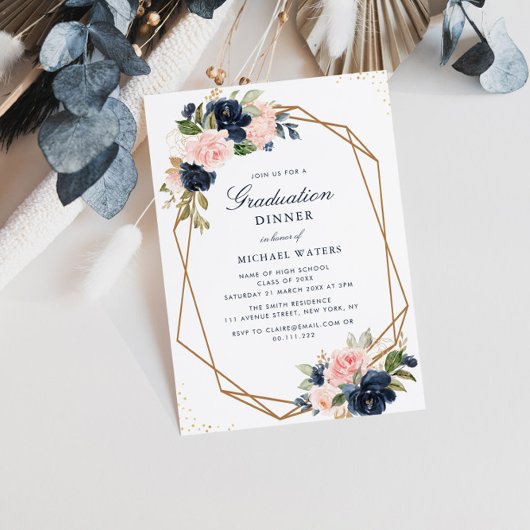 Navy & blush bloemengeometrisch afstuderen diner kaart