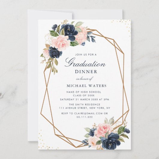 Navy & blush bloemengeometrisch afstuderen diner kaart (Voorkant)