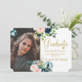 Navy blush bloemengoud afstuderen aankondiging (Staand voorkant)