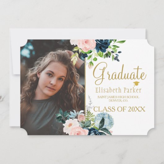 Navy blush bloemengoud afstuderen aankondiging (Voorkant)