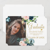 Navy blush bloemengoud afstuderen aankondiging (Voorkant / Achterkant)