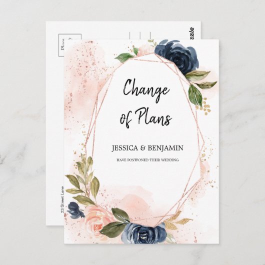 Navy Blush Bloesem Bloemen Wijzig de Datum Briefkaart (Voorkant / Achterkant)