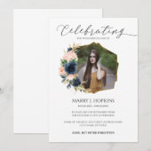 Navy Blush Blossom Photo Celebration of Life Kaart (Voorkant / Achterkant)