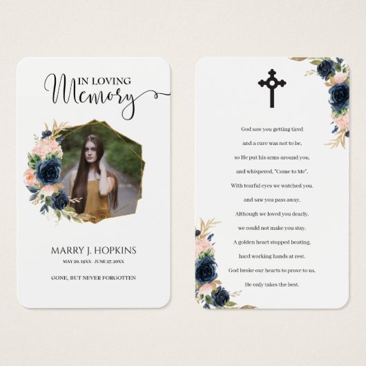 Navy Blush Blossom Photo Memorial Prayer Cards (Devant & derrière)